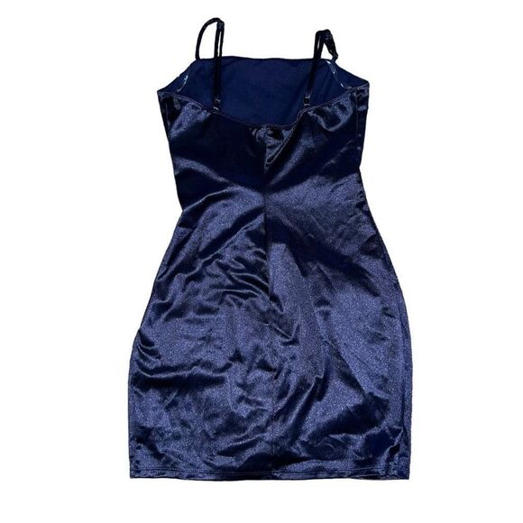 HONEY & ROSIE Square Neck Faux Wrap Satin Blue Dress Size Large - Picture 3 of 11